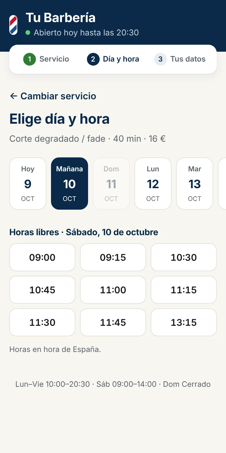 Pantalla del cliente: días y horas libres