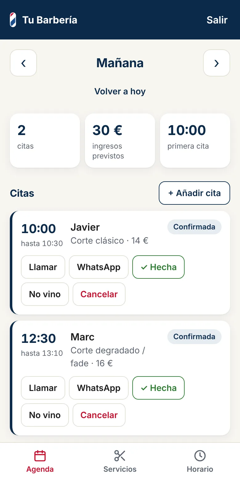 Panel del barbero: citas del día con botones de llamar, WhatsApp y hecha