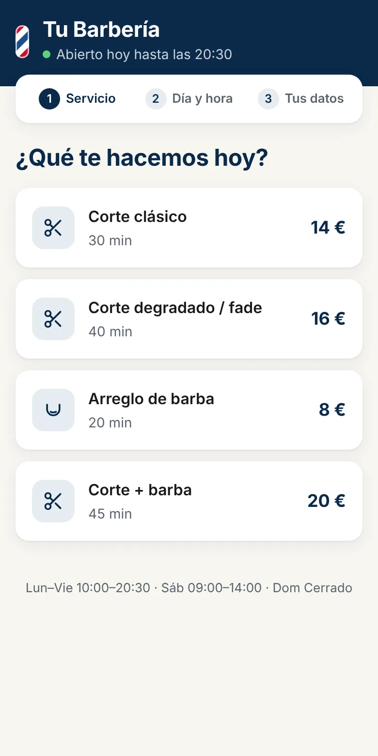 Pantalla del cliente: lista de servicios con duración y precio